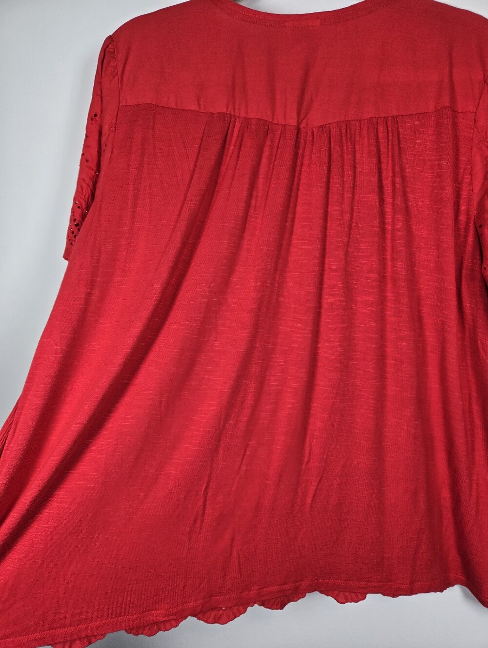Knox Rose Red V-Neck Eyelet Mixed Media Boho Prairie Peasant Top Size XL - Picture 9 of 11